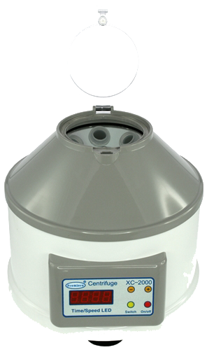 Premier XC-2000 benchtop centrifuge featuring LED control panel and safety lid