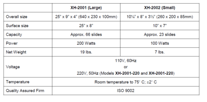 Premiere-slide-warmer-XH-2001-and-XH-2002-Specifications