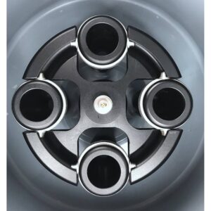 Detail of the centrifuge rotor compatible with 50ml tubes and various adapters for medical-grade blood separation.
