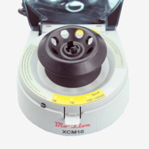 Interior view of Bio Lion XCM10 showing interchangeable rotors for 1.5ml microtubes and 8-place PCR strips.